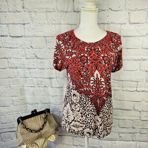 NWT Alkamy Size S Rust Orange/Brown Floral Print Cap Sleeve Soft Knit Top Blouse